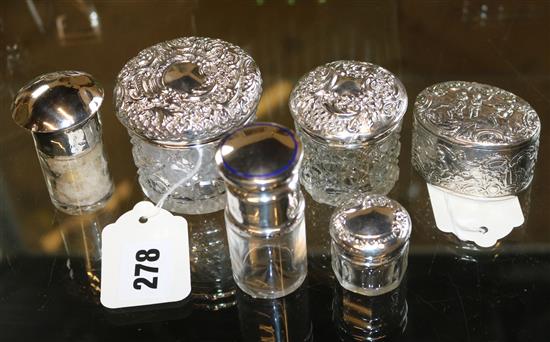 Five silver-mounted toilet bottles & and oval silver box